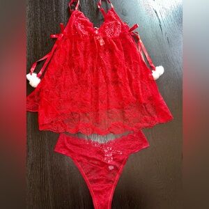 Red Rhinestone Lace Lingerie Panty Set Large